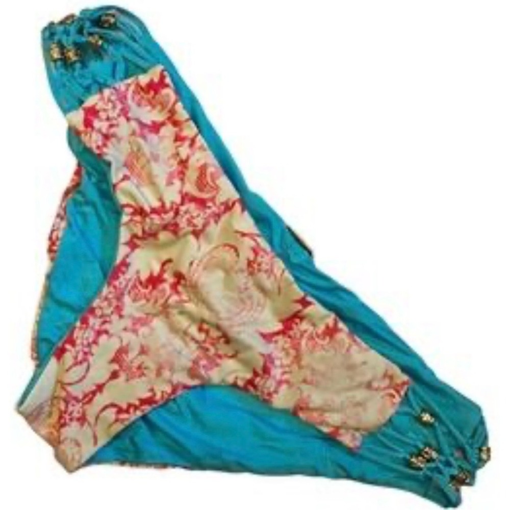 Beach Bunny XS Swimsuit reversible Bottoms ‎ Gold Accents Floral Aqua Blue New